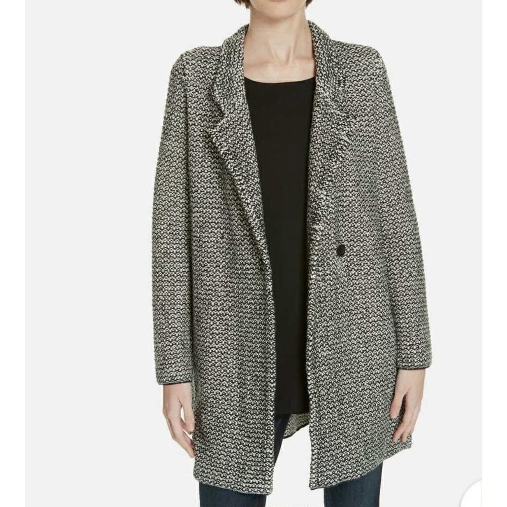 Eileen Fisher Cardigan Jacket Coatigan Size Medium Tweed Longline Black Cotton